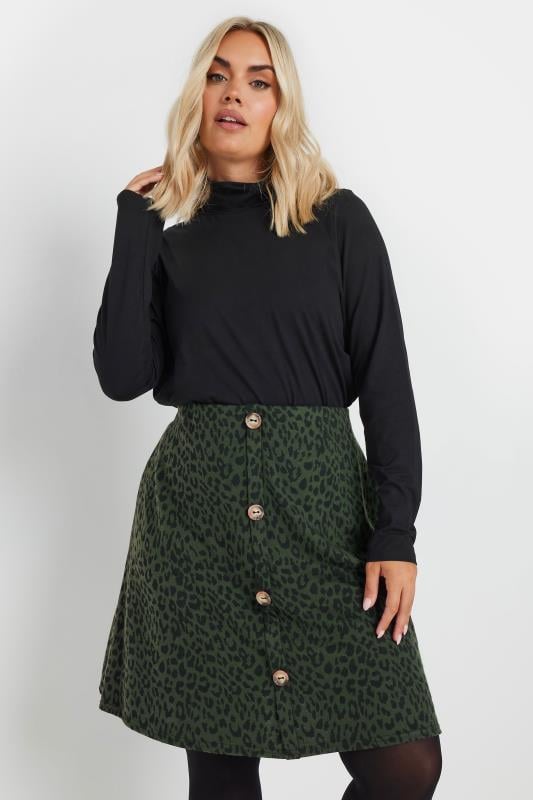 Plus Size  YOURS Curve Green Leopard Print Button Front Skirt