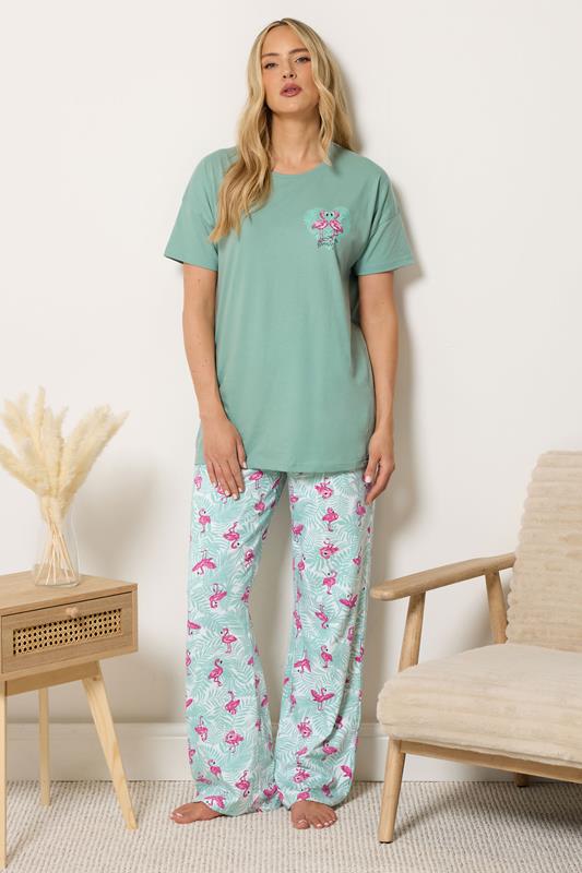 LTS Tall Women's Green Flamingo Print Cotton Wide Leg Pyjama Set | Long Tall Sally 1