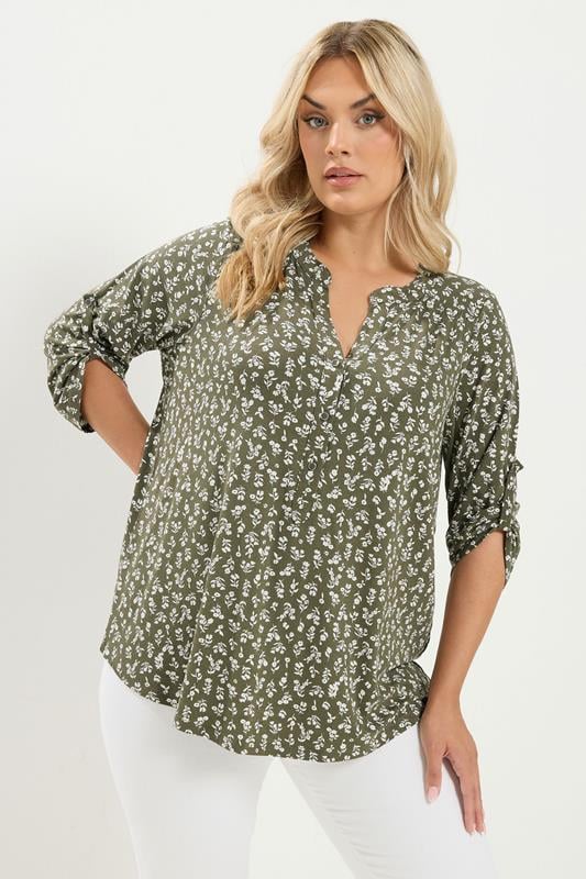 YOURS Plus Size Khaki Green Ditsy Floral Top | Yours Clothing 1
