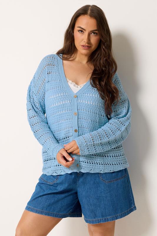  YOURS Curve Blue Pointelle Stitch Knitted Cardigan