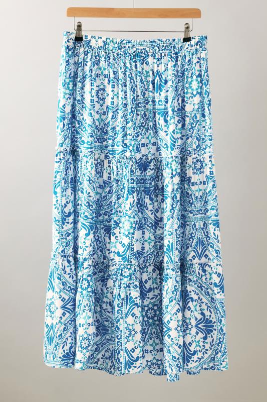 EVANS Plus Size Blue Tile Print Tiered Maxi Skirt | Evans 5