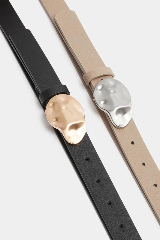 YOURSET 2 PACK Black & Taupe Brown Hammered Detail Belts | Yours Clothing 5