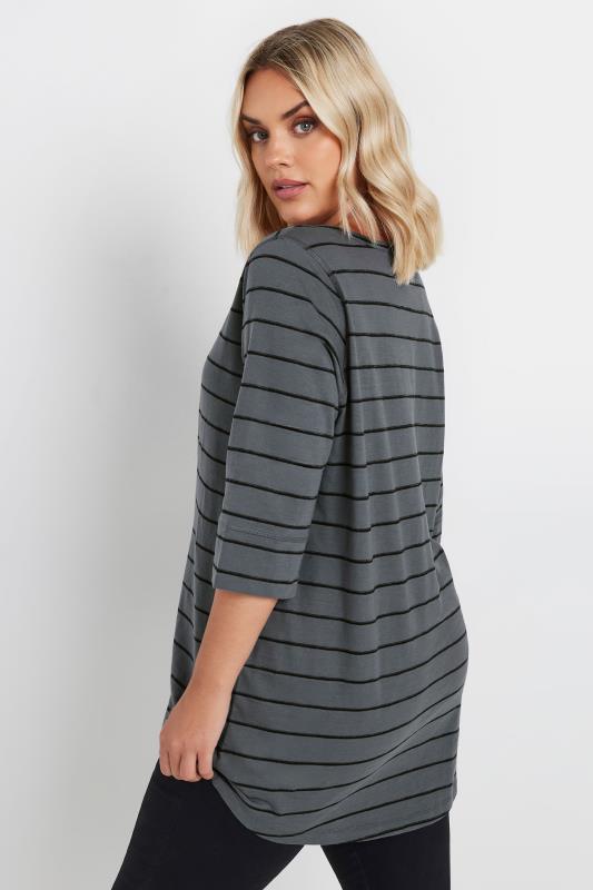 YOURS Plus Size Grey Stripe Notch Neck T-Shirt | Yours Clothing 3