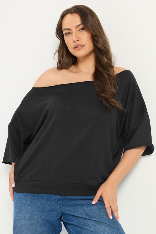 YOURS Plus Size Black Off Shoulder Sweatshirt | Yours Clothing 1