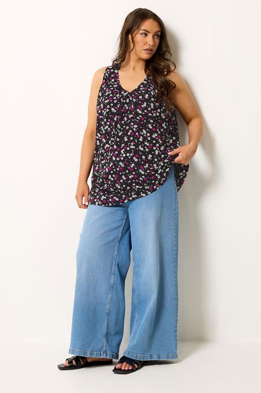 YOURS Plus Size Black Daisy Print Vest Top | Yours Clothing 1