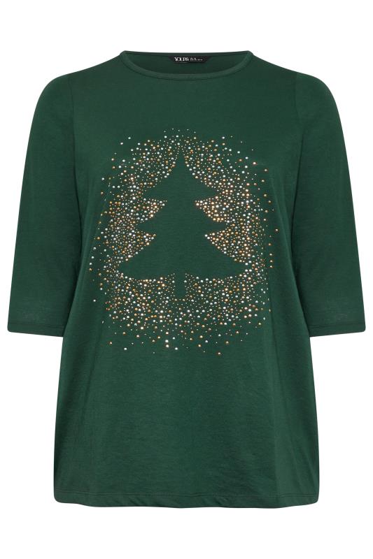 YOURS Plus Size Forest Green Diamante Christmas Tree Top | Yours Clothing  6