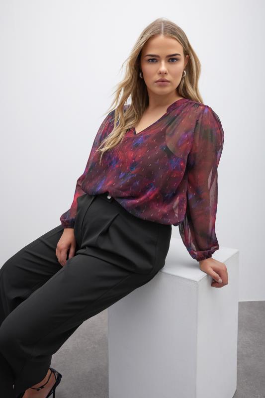 YOURS LONDON Plus Size Red Blur Abstract Print Overhead Blouse | Yours Clothing  1