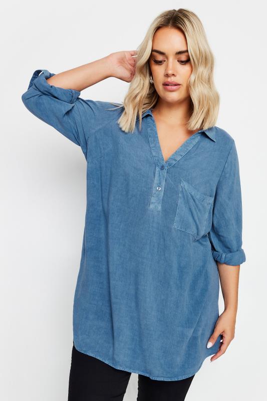 YOURS Plus Size Blue Overhead Chambray Shirt | Yours Clothing  1