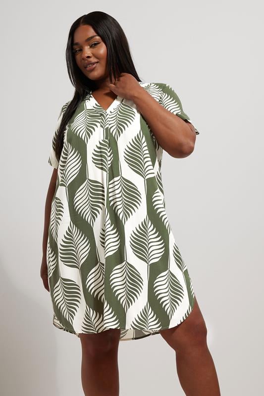 YOURS Plus Size Green Palm Leaf Pleat Front Tunic Dress | Yours Clothing 1