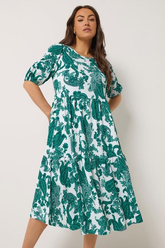 YOURS Curve Green Paisley Tiered Midi Dress