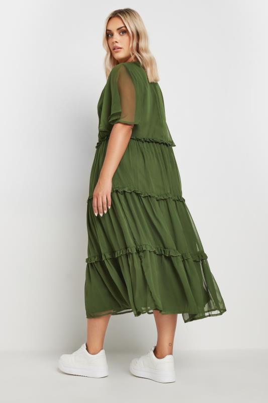 YOURS Plus Size Khaki Green Chiffon Tiered Midaxi Dress | Yours Clothing  3