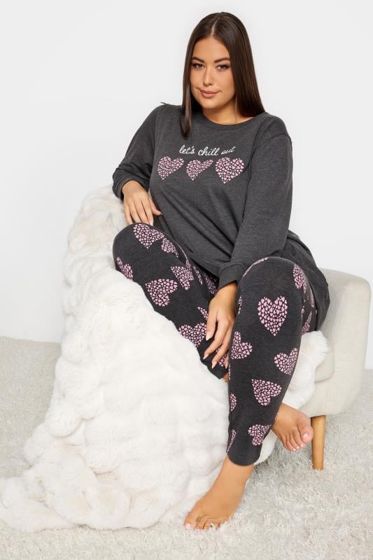YOURS Curve Grey 'Let's Chill Out' Heart Print Lounge Set | Yours Clothing 2