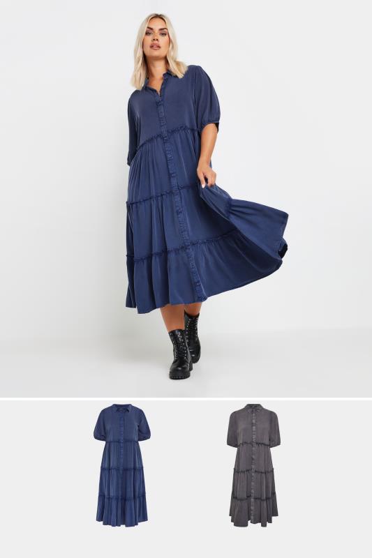 Plus Size  YOURS Curve 2 PACK Dark Blue & Grey Wash Chambray Dress