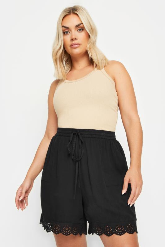 YOURS Plus Size Black Broderie Anglaise Scalloped Shorts | Yours Clothing 3