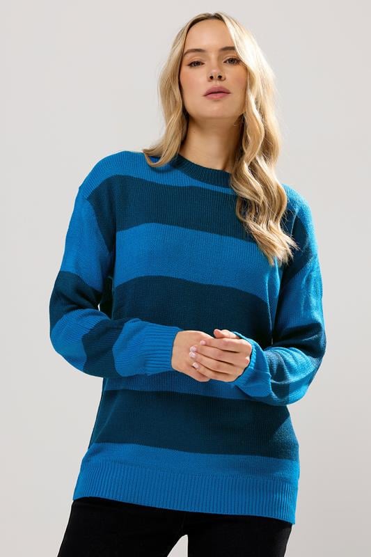  LTS Tall Blue Knitted Stripe Crew Neck Jumper