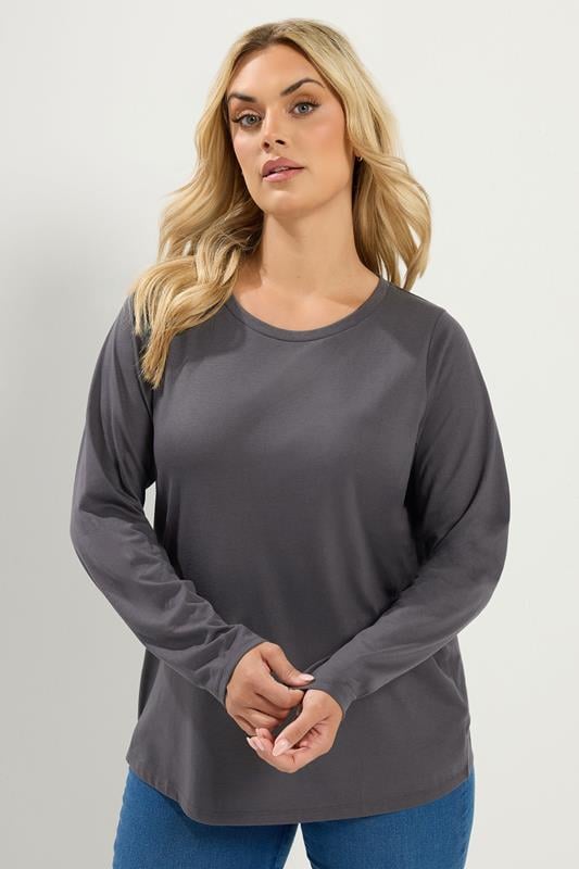 YOURS Plus Size Grey Long Sleeve Core T-Shirt | Yours Clothing 1
