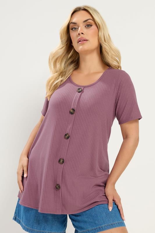 YOURS Plus Size Pink Button Front Ribbed Swing Top | Yours Clothing 1
