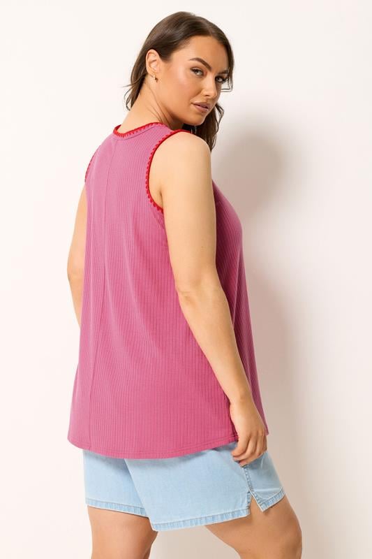 YOURS Plus Size Hot Pink Contrast Blanket Stitch Ribbed Vest Top | Yours Clothing 2