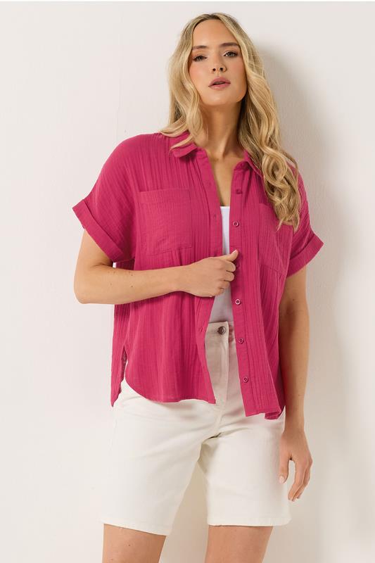 LTS Tall Berry Red Cheesecloth Grown-On Sleeve Cotton Shirt