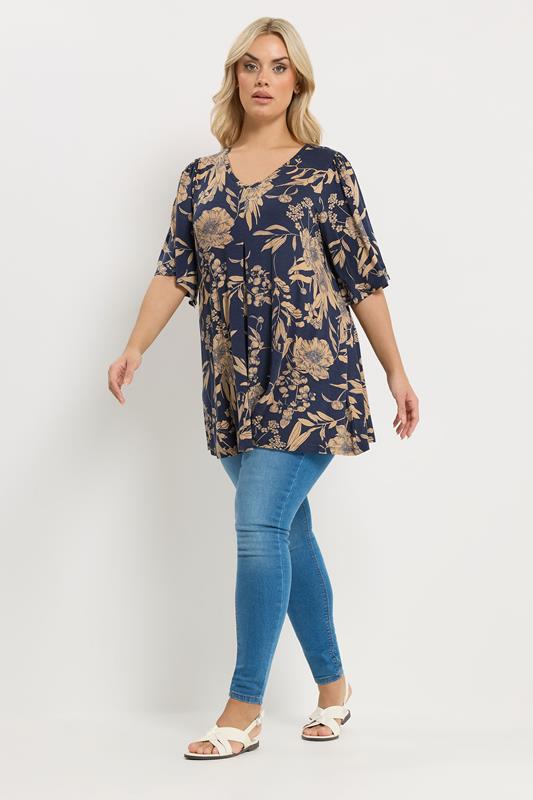 YOURS Plus Size Blue Floral Pleated Front Top | Yours Clothing 1