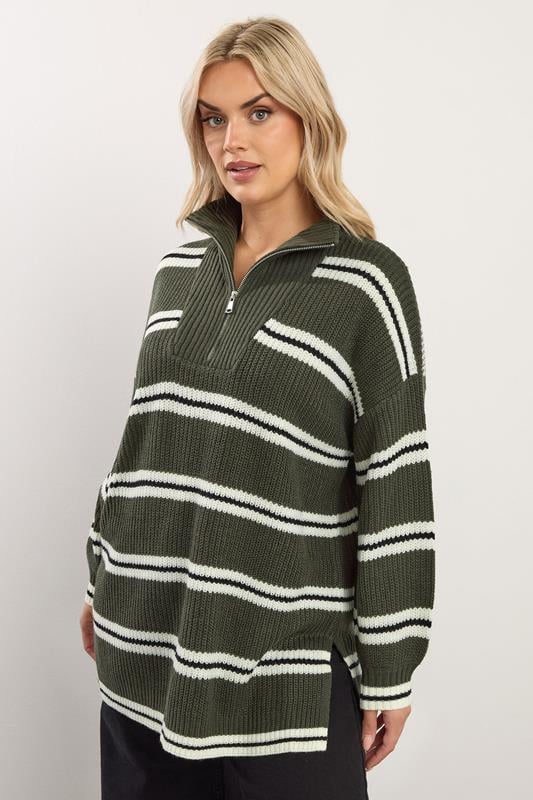 YOURS Curve Khaki Green Stripe Quarter Zip Jumper