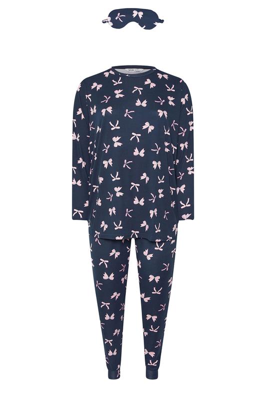 YOURS Plus Size Set Navy Blue Bow Soft Touch Pyjama & Eye Mask | Yours Clothing 6