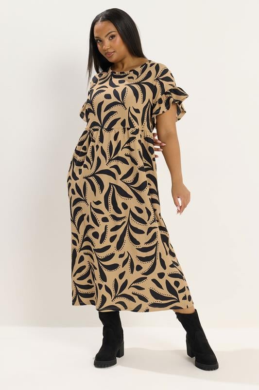 YOURS Plus Size Brown Abstract Frill Sleeve Dress | Yours Clothing 1