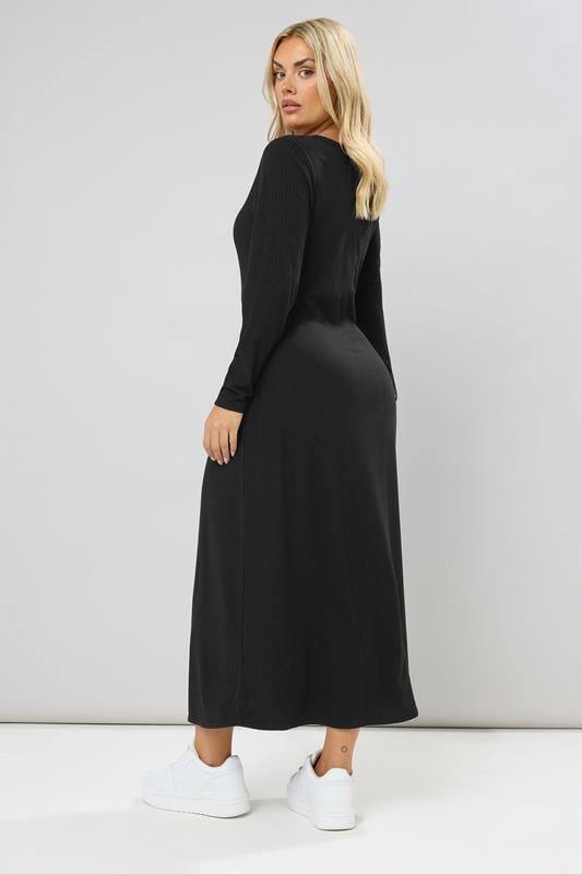 YOURS Plus Size Black Ribbed Henley Maxi Dress | Yours Clothing 2