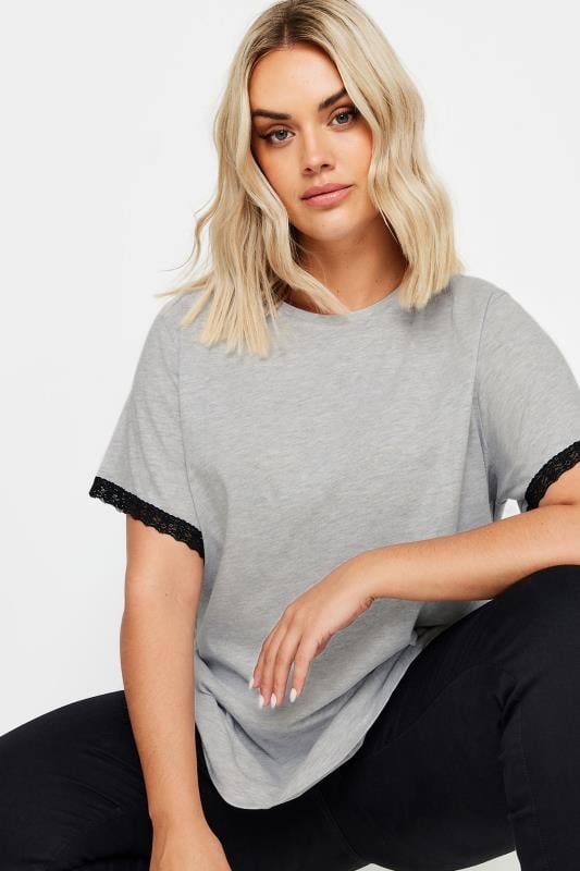 YOURS Plus Size Grey Lace Trim T-Shirt | Yours Clothing  1