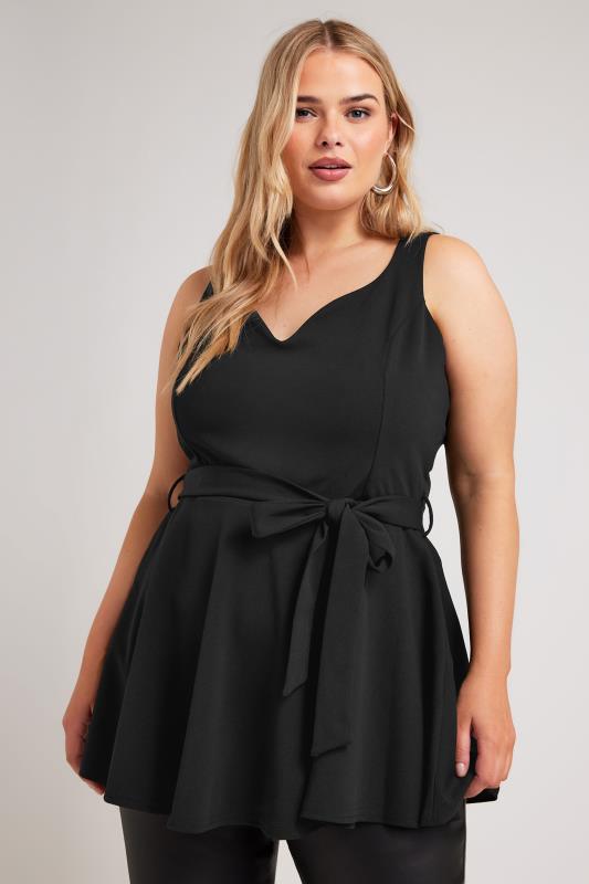 YOURS LONDON Plus Size Black Sleeveless Peplum Top | Yours Clothing 1