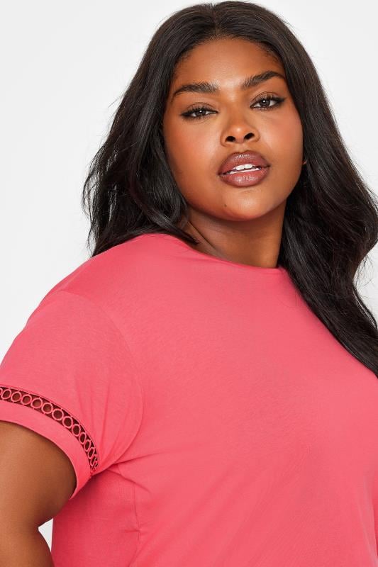 Yours Plus Size Coral Pink Crochet Trim Short Sleeve T-Shirt | Yours Clothing 4