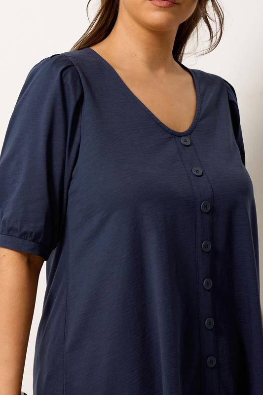 YOURS Plus Size Navy Blue Button Front Puff Sleeve Top | Yours Clothing  4