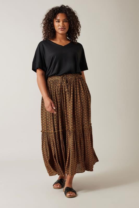 Plus Size  EVANS Curve Orange Floral Print Tiered Crinkle Midi Skirt