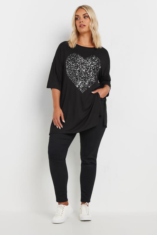 YOURS Plus Size Black Heart Sequin Embellished T-Shirt | Yours Clothing  2