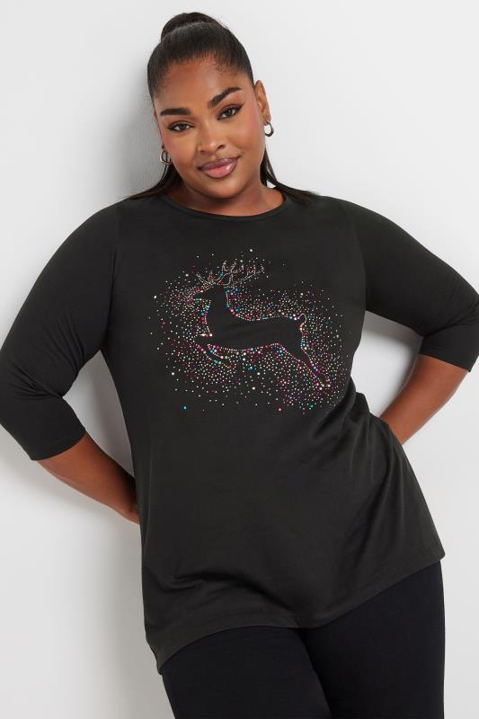 YOURS Plus Size Black Diamante Reindeer Top | Yours Clothing  2