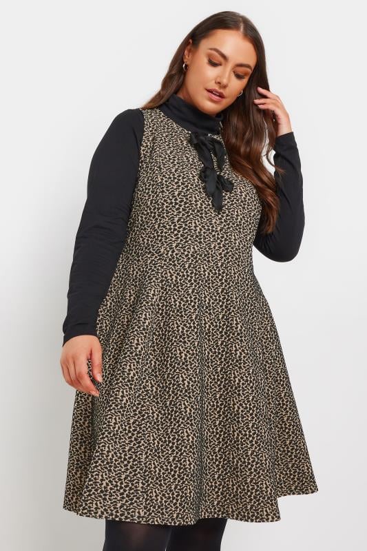 YOURS Plus Size Brown Leopard Print Bow Tie Pinafore Dress | Yours Clothing 1