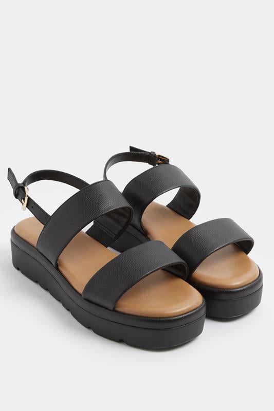  Yours Black Faux Leather Padded Wedge Sandals In Extra Wide EEE Fit