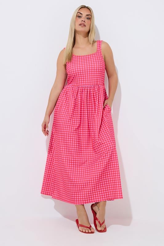 LIMITED COLLECTION Plus Size Pink Gingham Maxi Dress | Yours Clothing 1