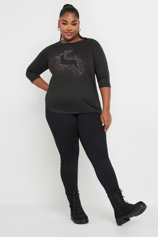 YOURS Plus Size Black Diamante Reindeer Top | Yours Clothing  3