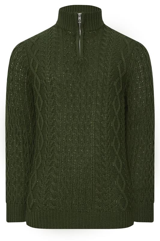 BadRhino Big & Tall Duffel Green Cable Knit Quarter Zip Jumper | BadRhino 1
