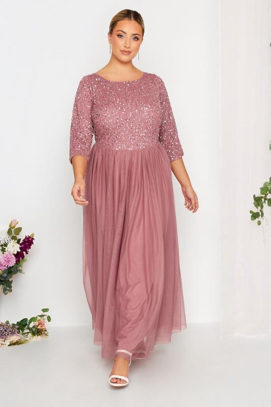 LUXE Plus Size Light Pink Sequin Hand Embellished Cape Dress