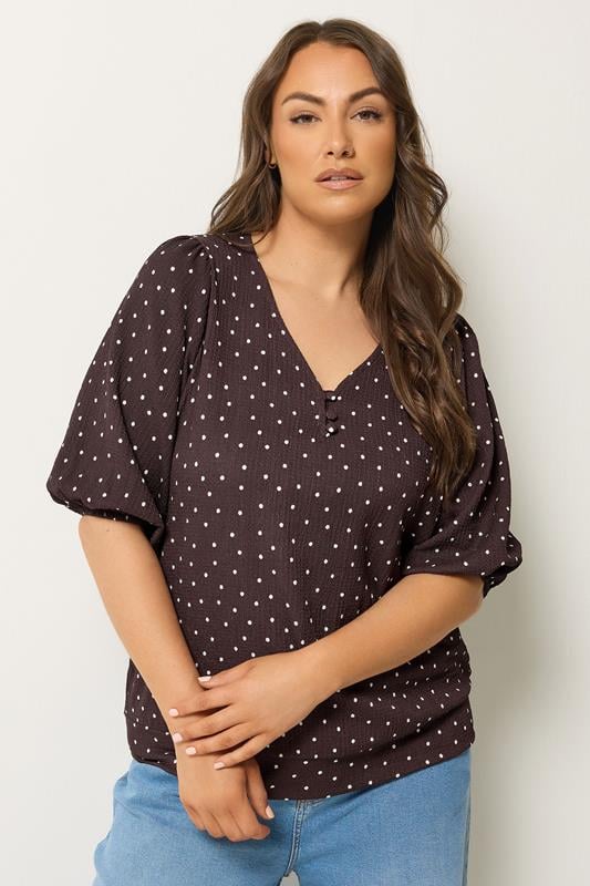YOURS Plus Size Chocolate Brown Polka Dot Puff Sleeve Top | Yours Clothing 1