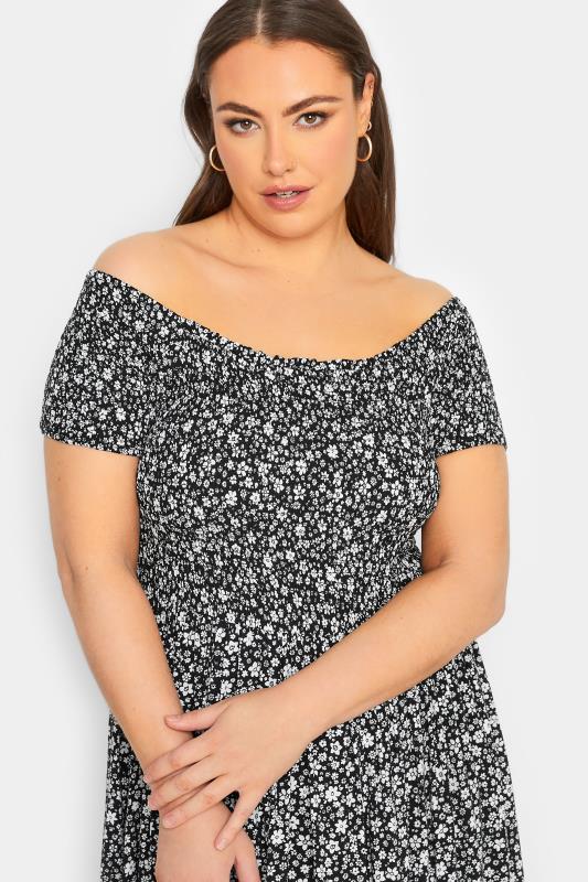 Plus Size Black Floral Shirred Bardot Maxi Dress | Yours Clothing 4