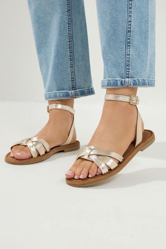  Yours Gold Faux Leather Cross Over Sandals In Extra Wide EEE Fit