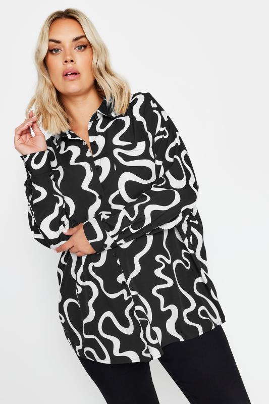 YOURS Plus Size Black & White Abstract Squiggle Print Oversized Shirt | Yours Clothing  2