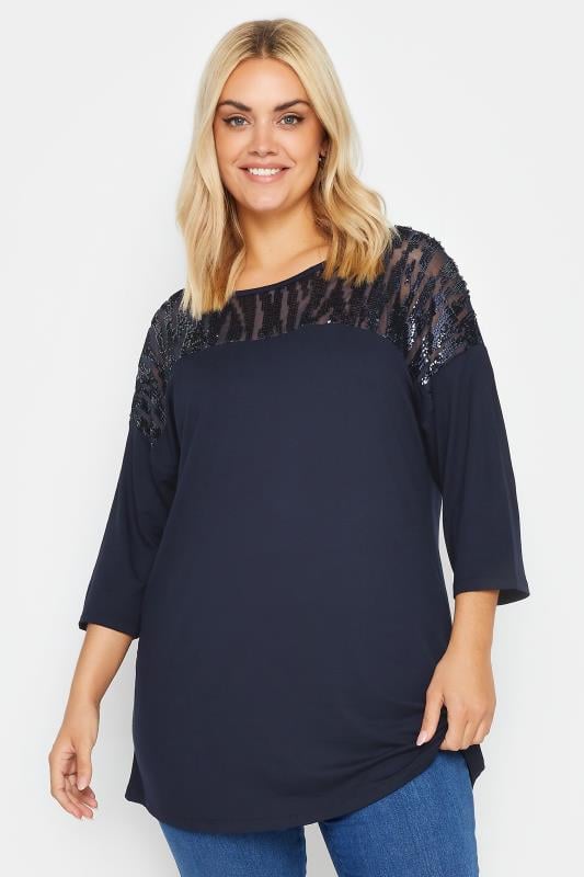 YOURS Plus Size Blue Sequin Embellished Mesh Top | Yours Clothing 1