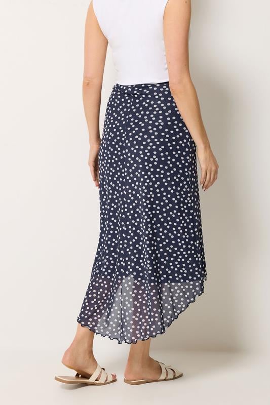 LTS Tall Women's Navy Blue Polka Dot Dipped Hem Mesh Midi Skirt | Long Tall Sally 2