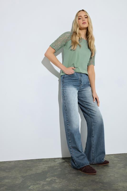  LTS Tall Light Blue Wash Studded Cotton Wide Leg Jeans