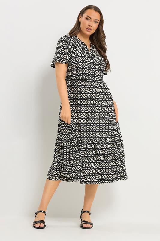  YOURS Curve Black Ikat Print Half Placket Dress