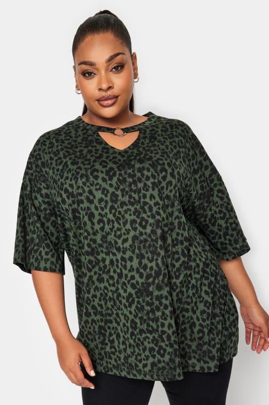 Plus Size  YOURS Curve Khaki Green Leopard Print Ring Detail T-Shirt